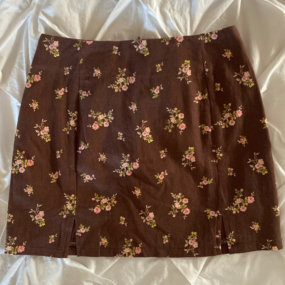 Audrey 3+1 NWT Skirt Cotton/Linen Lined Brown with Pink Floral Motif